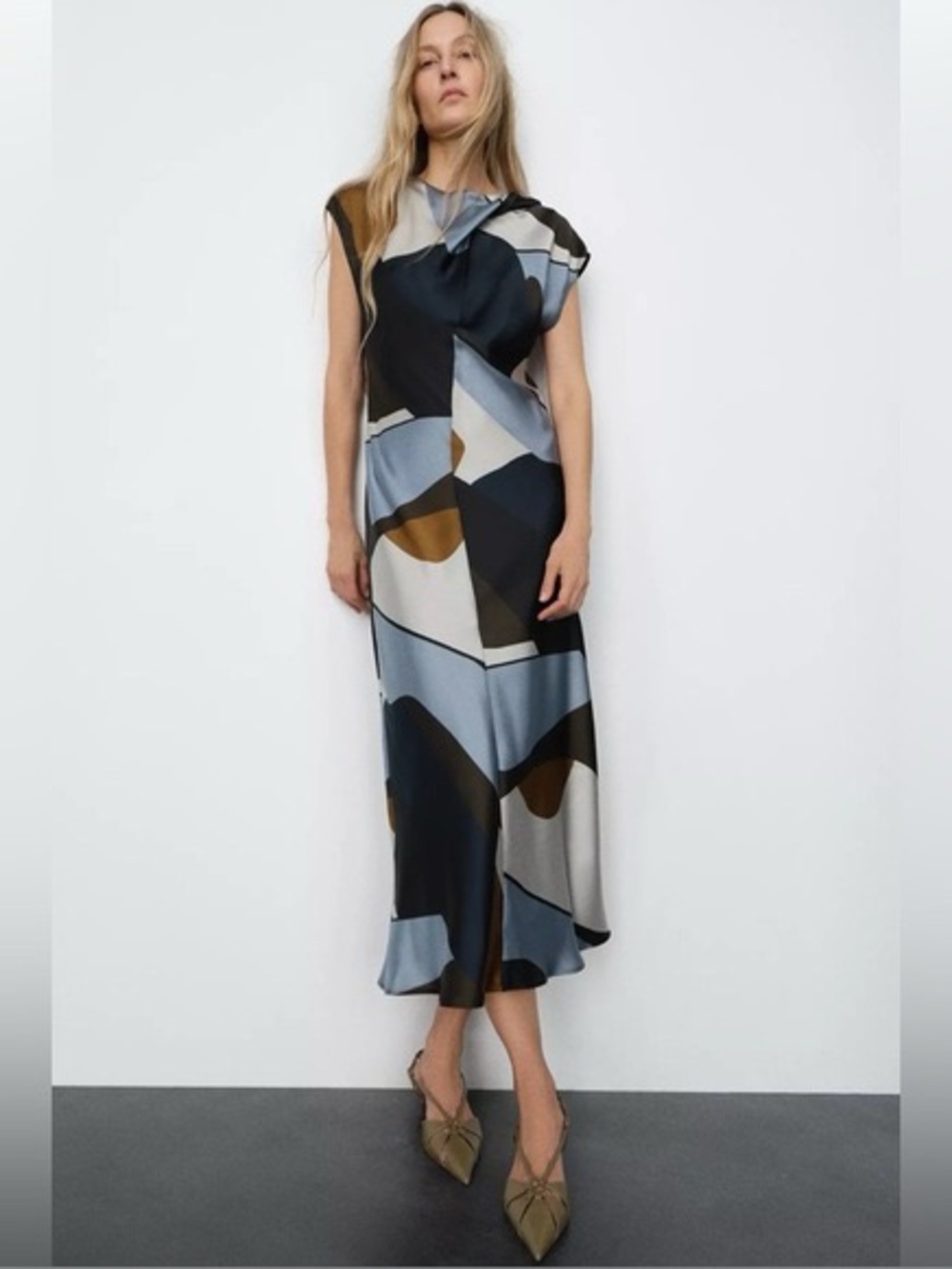 Zara Womens Geometric Print Satin Midi Dress Blue Brown Grey Twist Neck Small